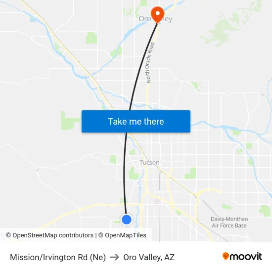 Mission/Irvington Rd (Ne) to Oro Valley, AZ map