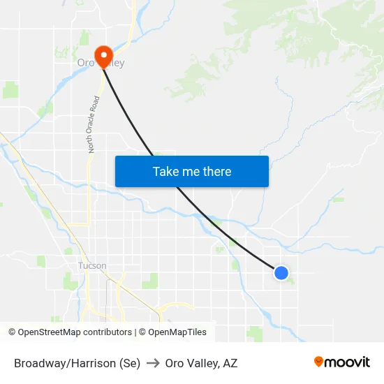Broadway/Harrison (Se) to Oro Valley, AZ map