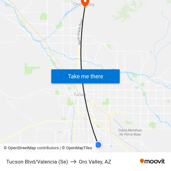 Tucson Blvd/Valencia (Se) to Oro Valley, AZ map
