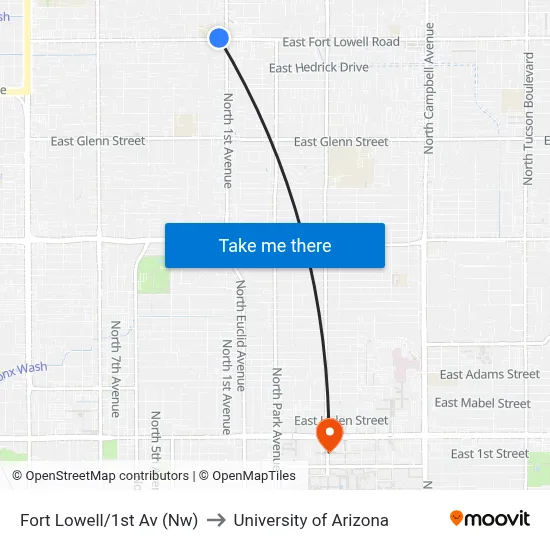 Fort Lowell/1st Av (Nw) to University of Arizona map