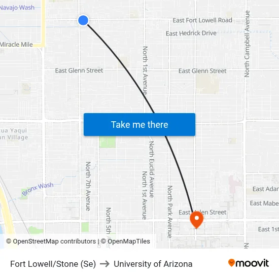 Fort Lowell/Stone (Se) to University of Arizona map
