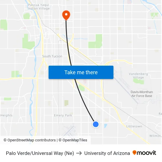 Palo Verde/Universal Way (Ne) to University of Arizona map