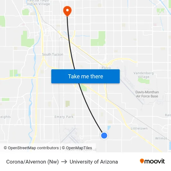 Corona/Alvernon (Nw) to University of Arizona map