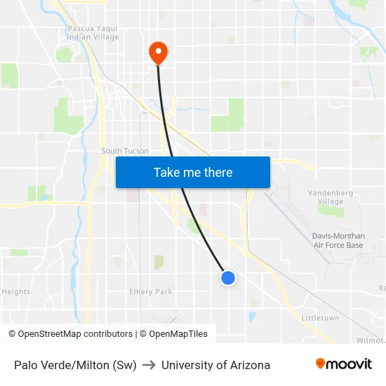 Palo Verde/Milton (Sw) to University of Arizona map