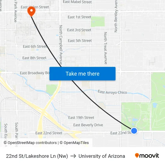 22nd St/Lakeshore Ln (Nw) to University of Arizona map