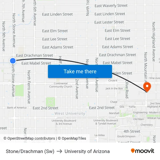 Stone/Drachman (Sw) to University of Arizona map