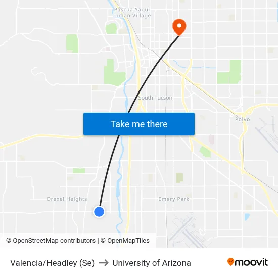 Valencia/Headley (Se) to University of Arizona map