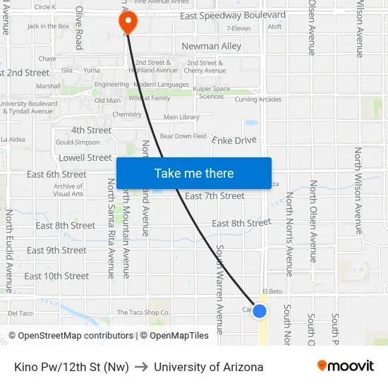 Kino Pw/12th St (Nw) to University of Arizona map