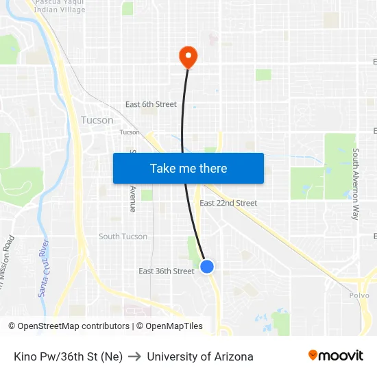 Kino Pw/36th St (Ne) to University of Arizona map