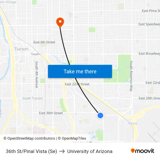 36th St/Pinal Vista (Se) to University of Arizona map