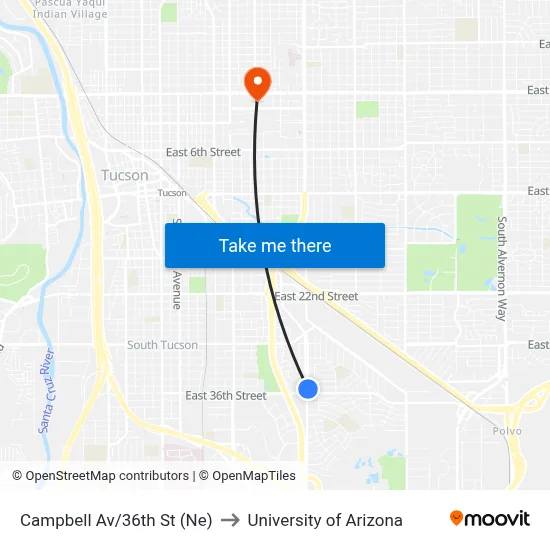 Campbell Av/36th St (Ne) to University of Arizona map