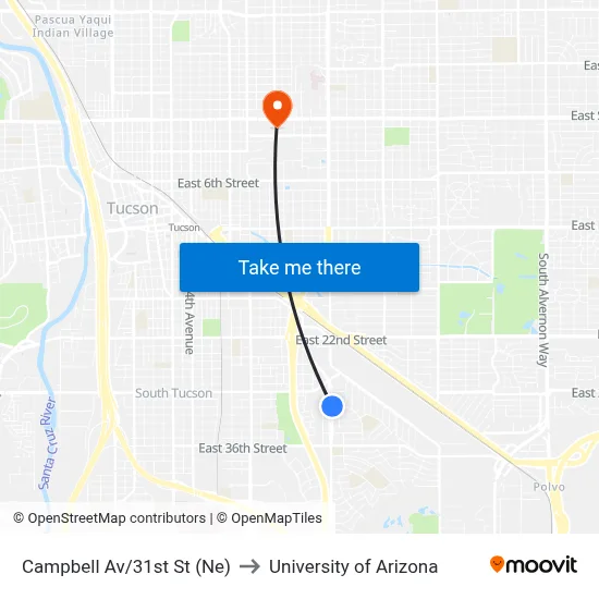 Campbell Av/31st St (Ne) to University of Arizona map