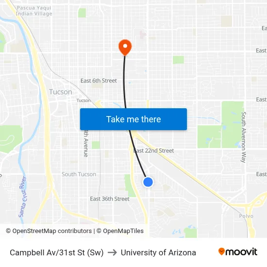 Campbell Av/31st St (Sw) to University of Arizona map