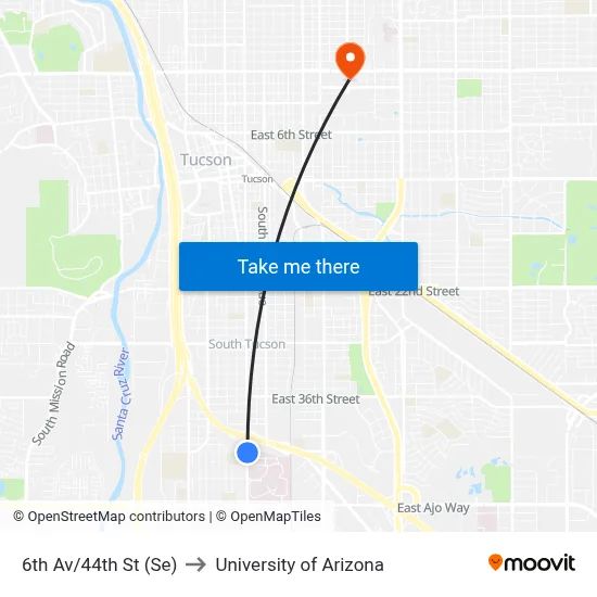 6th Av/44th St (Se) to University of Arizona map