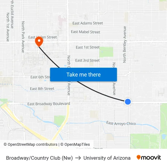 Broadway/Country Club (Nw) to University of Arizona map