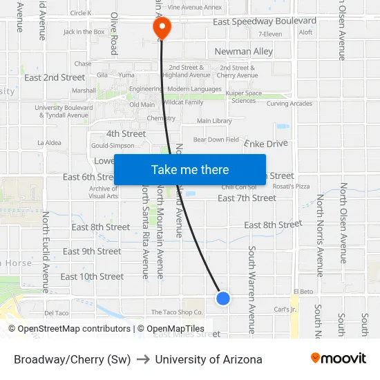 Broadway/Cherry (Sw) to University of Arizona map