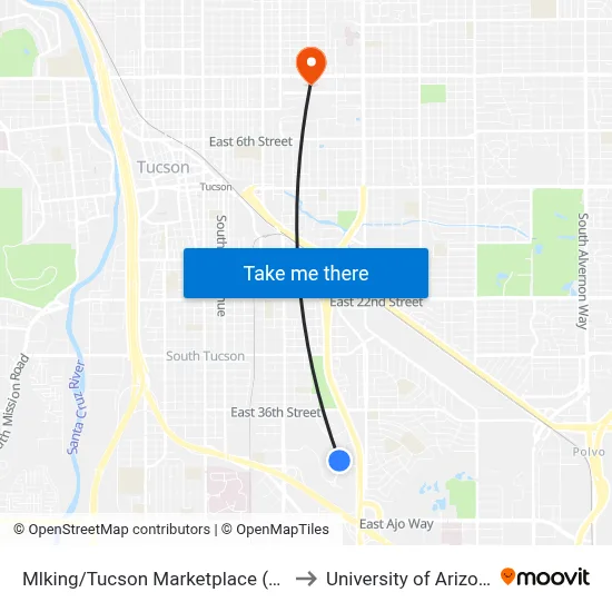 Mlking/Tucson Marketplace (Ne) to University of Arizona map