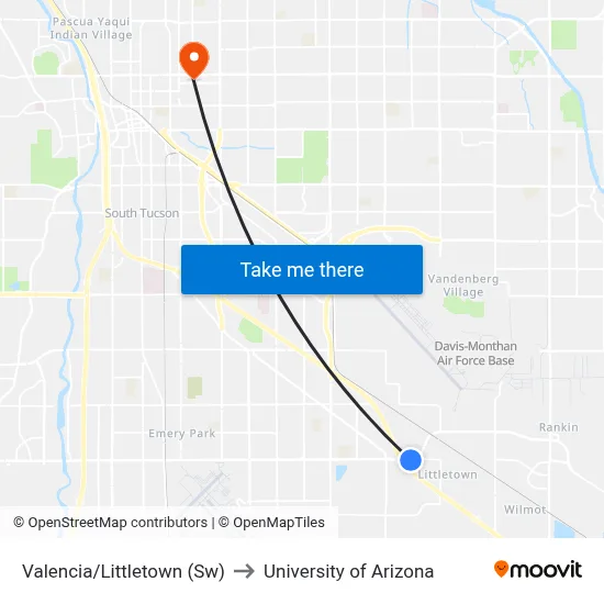 Valencia/Littletown (Sw) to University of Arizona map