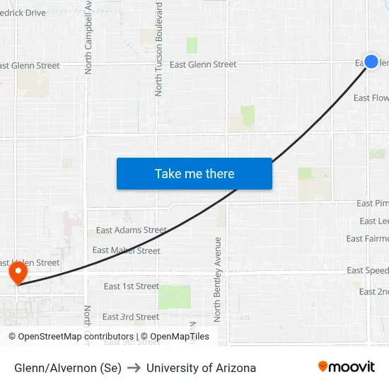 Glenn/Alvernon (Se) to University of Arizona map