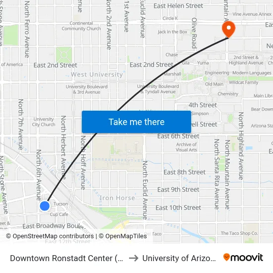 Downtown Ronstadt Center (E) to University of Arizona map