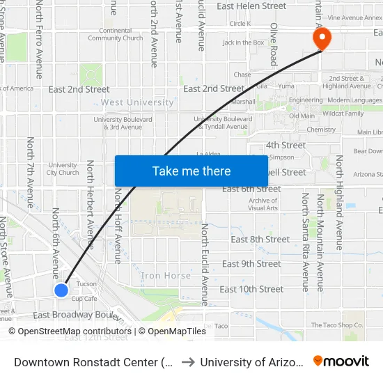 Downtown Ronstadt Center (G) to University of Arizona map