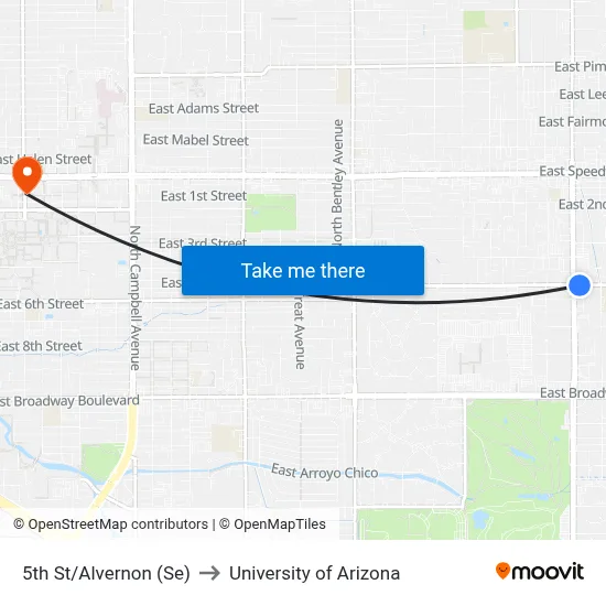 5th St/Alvernon (Se) to University of Arizona map