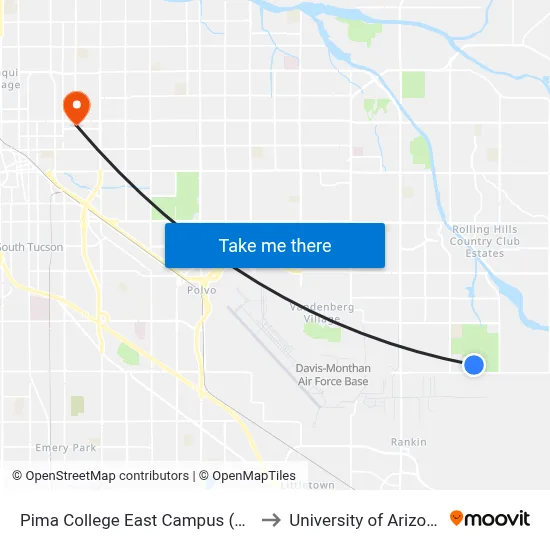 Pima College East Campus (Es) to University of Arizona map