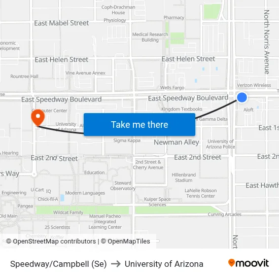 Speedway/Campbell (Se) to University of Arizona map