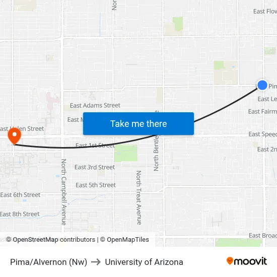 Pima/Alvernon (Nw) to University of Arizona map