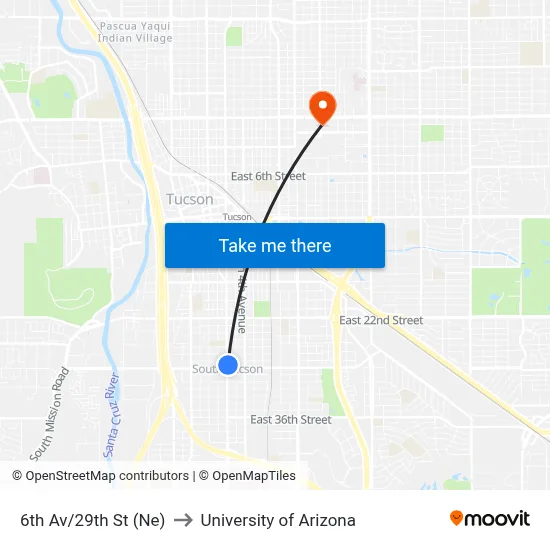 6th Av/29th St (Ne) to University of Arizona map