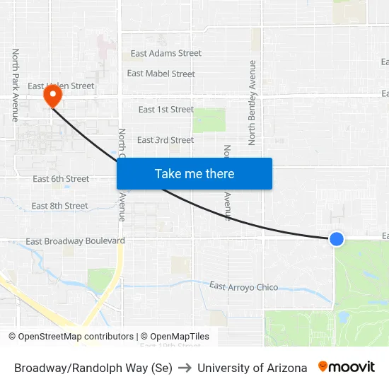 Broadway/Randolph Way (Se) to University of Arizona map
