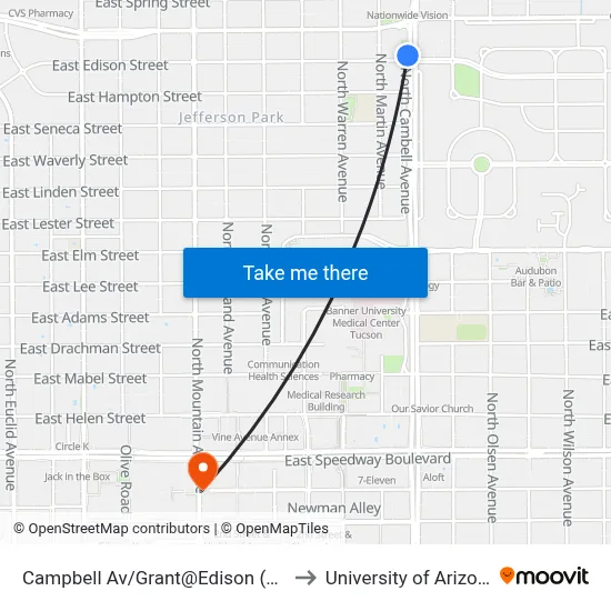 Campbell Av/Grant@Edison (Sw) to University of Arizona map