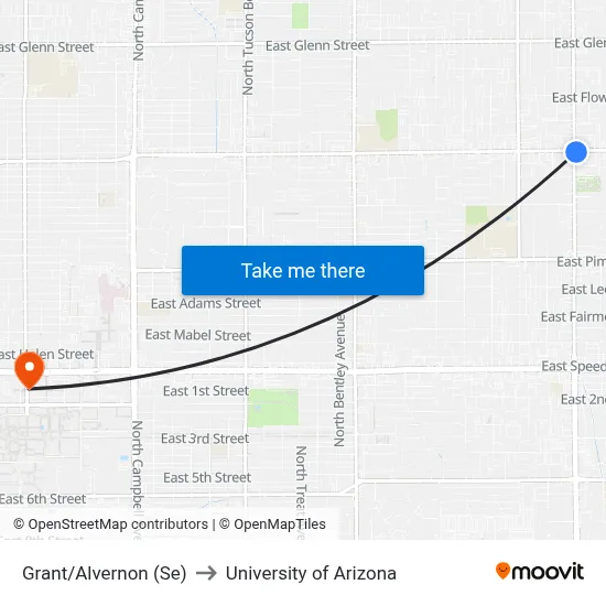Grant/Alvernon (Se) to University of Arizona map