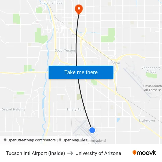 Tucson Intl Airport (Inside) to University of Arizona map