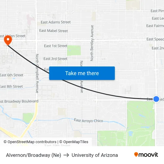 Alvernon/Broadway (Ne) to University of Arizona map