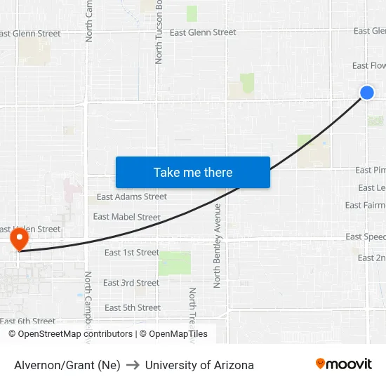 Alvernon/Grant (Ne) to University of Arizona map