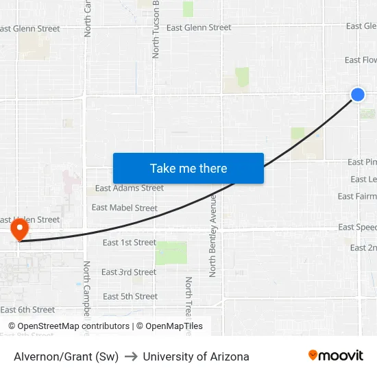 Alvernon/Grant (Sw) to University of Arizona map