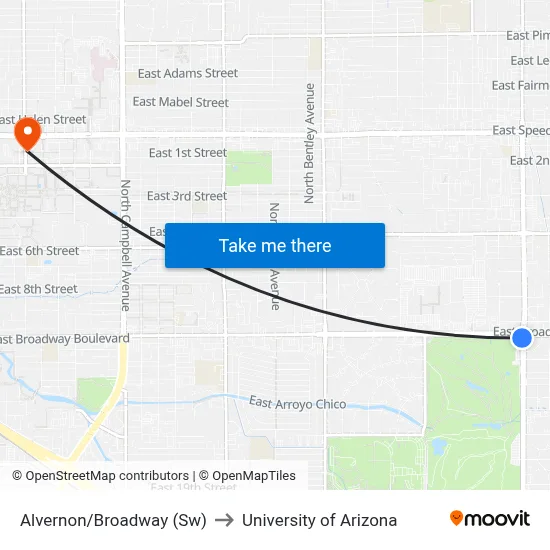 Alvernon/Broadway (Sw) to University of Arizona map