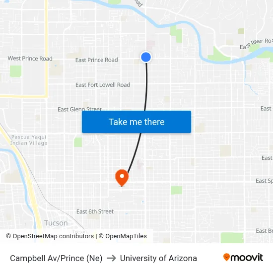 Campbell Av/Prince (Ne) to University of Arizona map