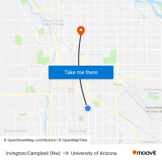 Irvington/Campbell (Nw) to University of Arizona map