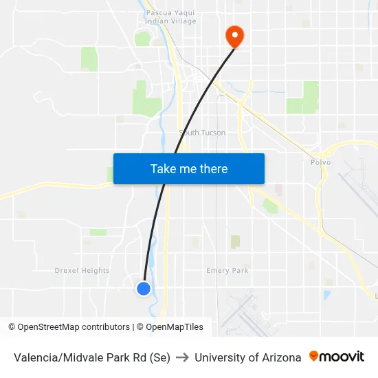 Valencia/Midvale Park Rd (Se) to University of Arizona map