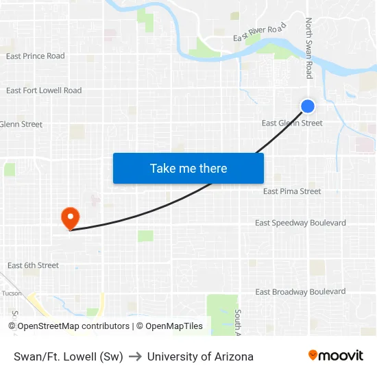 Swan/Ft. Lowell (Sw) to University of Arizona map