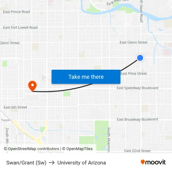 Swan/Grant (Sw) to University of Arizona map