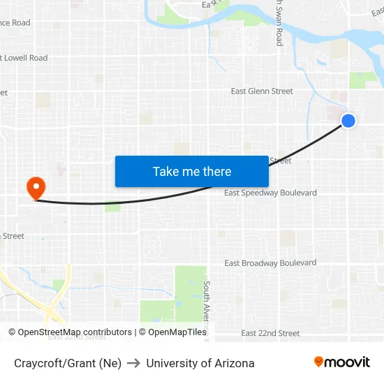 Craycroft/Grant (Ne) to University of Arizona map