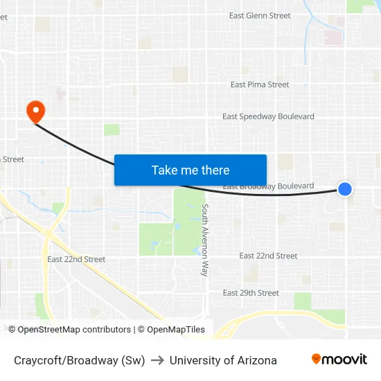 Craycroft/Broadway (Sw) to University of Arizona map