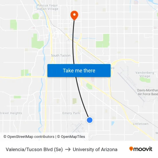 Valencia/Tucson Blvd (Se) to University of Arizona map
