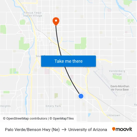 Palo Verde/Benson Hwy (Ne) to University of Arizona map