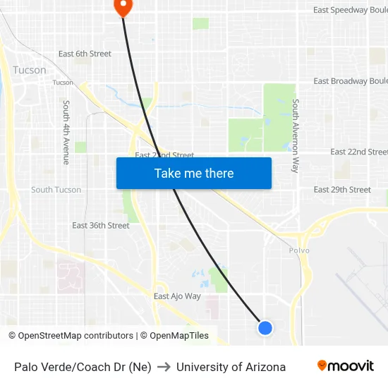 Palo Verde/Coach Dr (Ne) to University of Arizona map