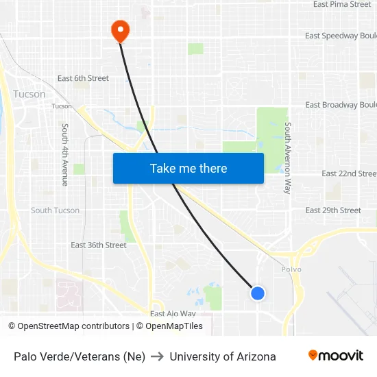 Palo Verde/Veterans (Ne) to University of Arizona map