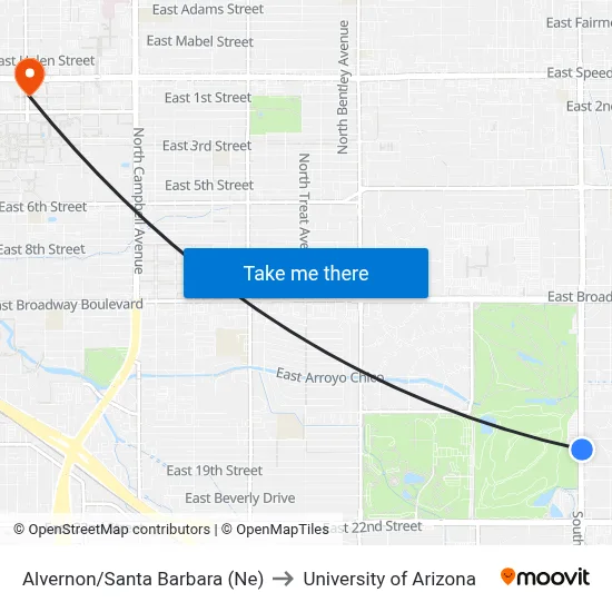 Alvernon/Santa Barbara (Ne) to University of Arizona map